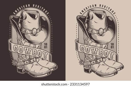 Cowboy clothes monochrome vintage flyer with sheriff hat and horseman leather boots for wild west museum advertisement vector illustration