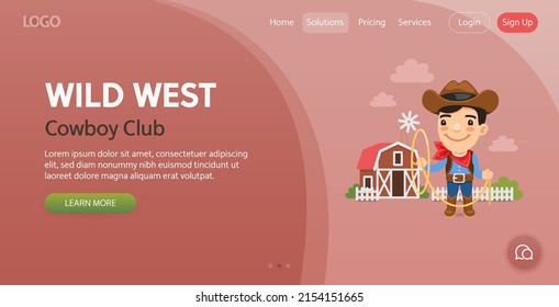 Cowboy Club website template. Illustration of a cowboy with lasso on the farm near the barn. Composition with a professional man. Flat male character.