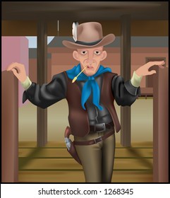 A cowboy coming through some swing doors. Clothing and gun make extensive use of gradient meshs.