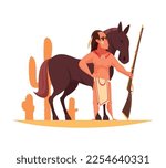 Cowboy composition with doodle style human character in tribal clothing vector illustration