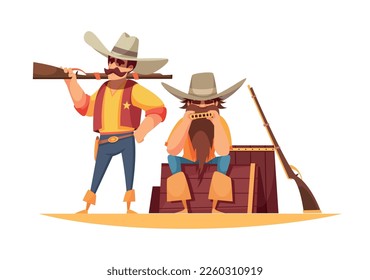 Cowboy composition with doodle style human characters in retro clothing vector illustration