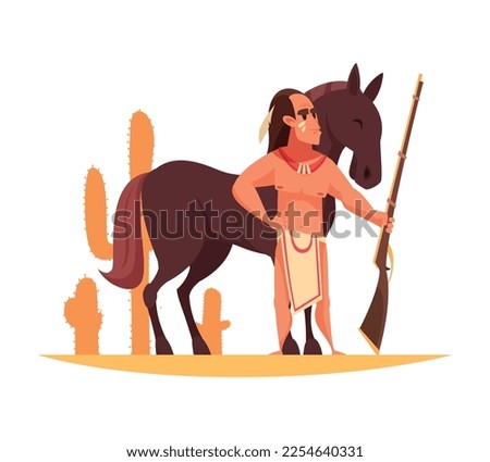 Cowboy composition with doodle style human character in tribal clothing vector illustration