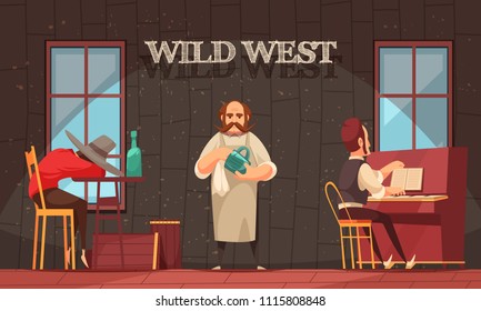 Cowboy composition with indoor view of wild west saloon room with human characters of bartender and pianist vector illustration 