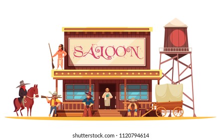 Cowboy composition with wild west scenery and vintage style building of barrel house with shop sign vector illustration