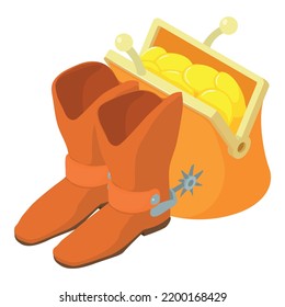 Cowboy concept icon isometric vector. Cowboy boot and wallet with gold coin icon. Wild west symbol, western