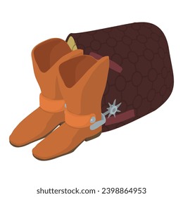 Cowboy concept icon isometric vector. Cowboy boot with spur and brown saddle pad. Wild west, western