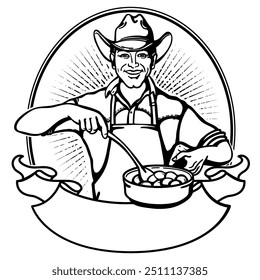 Cowboy cooking graphic label printable. Cowboy Chef cooking Nevada basque bread. Cowboy traditional food vector outline illustration isolated on white background for design.