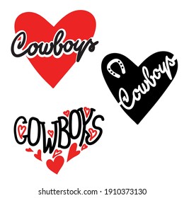 Cowboy Country love heart for cards or symbol Valentins day. Vector set love hearts with cowboy text illustration isolated on white background for design. 