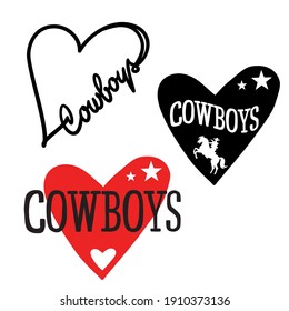 Cowboy Country love heart for cards or symbol Valentins day. Vector set love hearts with cowboy text illustration isolated on white background for design. 