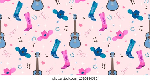 Cowboy country style music and dance concept seamless pattern. Wild west illustration with boots, hat, guitar and horseshoe 