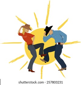 Cowboy couple dancing with a sun on the background, vector illustration, no transparencies, EPS 8