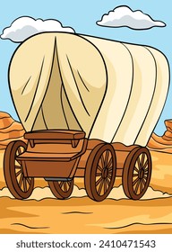 Cowboy Covered Wagon Colored Cartoon Illustration