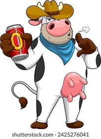 Cowboy Cow Cartoon Character Holding A Beer Can. Vector Hand Drawn Illustration Isolated On Transparent Background