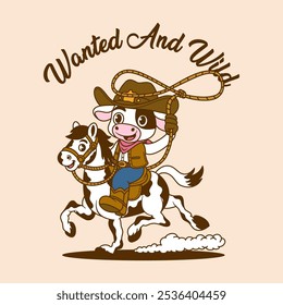 Vaquero vaca lindo Vector de dibujos animados retro dibujado a mano lindo Vector de dibujos animados retro dibujado a mano