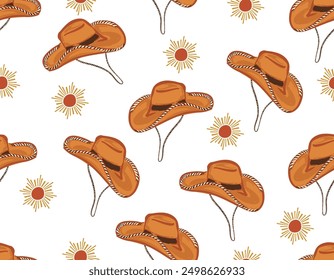 Patrón de Vector sin costuras de vaquero y niña de vaca. Howdy Botas vaqueras, sombrero, herradura repitiendo fondo. Diseño de patrón de superficie Wild West para todas las telas e impresiones