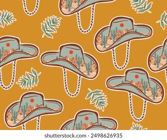 Cowboy and Cow girl seamless vector pattern. Howdy Cowboy boots, hat, horseshoe repeating background. Wild West surface pattern design for All fabric and Prints