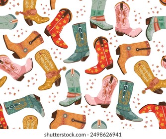 Cowboy and Cow girl seamless vector pattern. Howdy Cowboy boots, hat, horseshoe repeating background. Wild West surface pattern design for All fabric and Prints