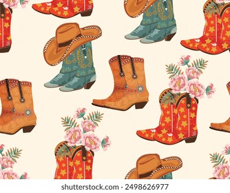 Cowboy and Cow girl seamless vector pattern. Howdy Cowboy boots, hat, horseshoe repeating background. Wild West surface pattern design for All fabric and Prints