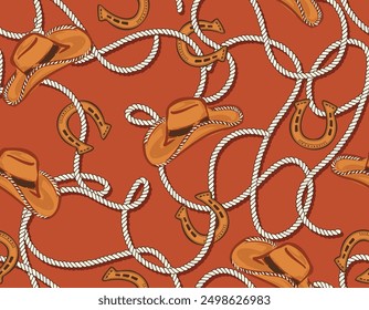 Cowboy and Cow girl seamless vector pattern. Howdy Cowboy hat, horseshoe and Rope repeating background. Wild West surface pattern design for All fabric and Prints