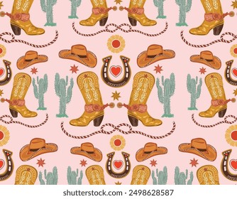 Patrón de Vector sin costuras de vaquero y niña de vaca. Howdy Botas vaqueras, sombrero, herradura repitiendo fondo. Diseño de patrón de superficie Wild West para todas las telas e impresiones