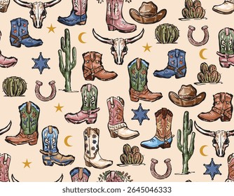 Cowboy and Cow girl seamless vector pattern. Howdy Cowboy boots, Stars, horseshoe repeating background. Wild West surface pattern design for All fabric and Prints