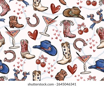 Cowboy and Cow girl seamless vector pattern. Howdy Cowboy boots, hat, horseshoe repeating background. Wild West surface pattern design for All fabric and Prints