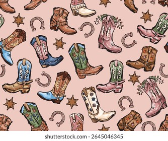 Cowboy and Cow girl seamless vector pattern. Howdy Cowboy boots, Stars, horseshoe repeating background. Wild West surface pattern design for All fabric and Prints