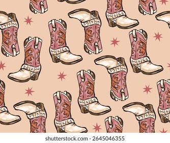 Cowboy and Cow girl seamless vector pattern. Howdy Cowboy boots, Stars, horseshoe repeating background. Wild West surface pattern design for All fabric and Prints
