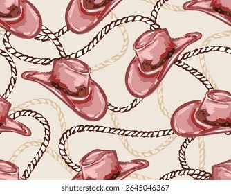 Cowboy and Cow girl seamless vector pattern. Howdy Cowboy boots, hat, horseshoe repeating background.
