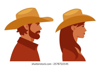 Cowboy and cowgirl. Beautiful man and woman in cowboy hat. Side view portrait of people. Vector illustration related with western theme, wild west, american history