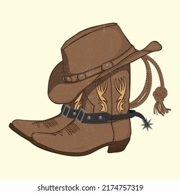 Cowboy and cowgirl boot with western hat vector design. Texas Western Vintage Graphic. T-shirt or poster design with illustration of Boots and hat.