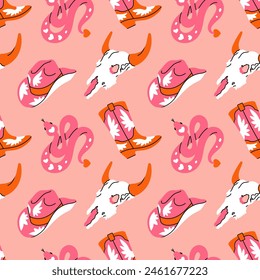 Cowboy cowgirl boots, hat, bull skull, snake. Seamless pink pattern background. Coquette barbie core. Doll wild west desert cute rodeo retro aesthetic