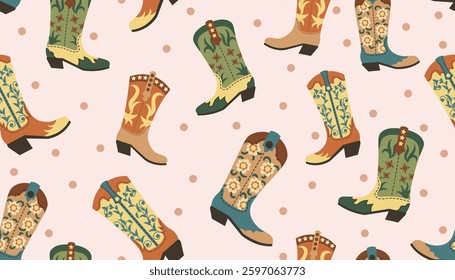 Cowboy and Cowgirl boots seamless pattern. Wild West surface pattern design for stationary, fabrics and prints.