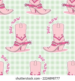 Cowboy Cowgirl Boots Yee-Haw Gingham Picnic Country Spring Summer Pattern Background Seamless 