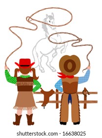 Cowboy and cowgirl catching the horse with lasso