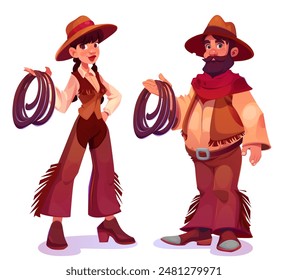 Cowboy and cowgirl character set isolated on white background. Vector cartoon illustration of young woman and bearded man in leather fringe pants and hats holding lasso rope in hands, wild west ranch