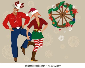 Cowboy and cowgirl in Christmas hats, decorated wagon wheel and snowflakes on the background, EPS 8 vector illustration