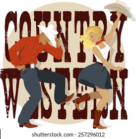 Cowboy And Cowgirl Dancing Country Western Dance, Words Country Western On The Background, Vector Illustration, No Transparencies, EPS 8