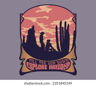 cowboy and cowgirl in desert vector illustration, western rodeo couple in cactus desert artwork, retro vintage graphic print design for t shirt, sticker, poster