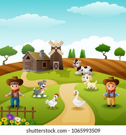 The cowboy and cowgirl at the farm with animals 