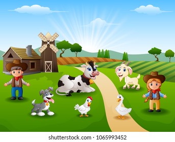The cowboy and cowgirl at the farm with animals on the morning