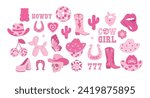 Cowboy and cowgirl pink icons set. Cowboy hat, disco ball, boots, lucky, cactus. Y2K pink core. Vector