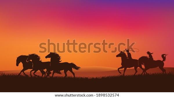 cowboy and cowgirl riders chasing mustang horses\
herd and throwing lasso - romantic wild west sunset landscape scene\
vector silhouette\
design