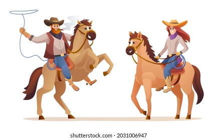 Cowboy and cowgirl riding horse characters. Wildlife western concept illustration