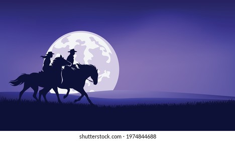 cowboy and cowgirl riding horse in prairie against full moon - romantic legend wild west scene silhouette landscape vector design