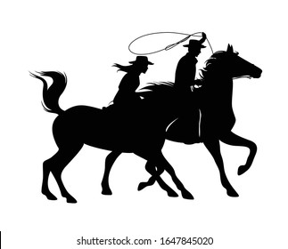 Cowboy And Cowgirl Riding Horses And Throwing Lasso - Wild West Adventure Theme Black And White Vector Silhouette Design