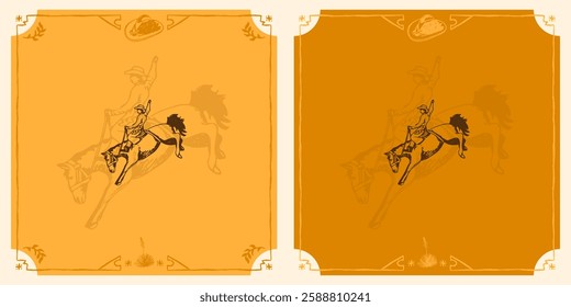 cowboy cowgirl vaquero riding horse rodeo country Illustration rustic style