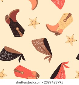 Cowboy and cowgirl Western seamless pattern texture, flat vector illustration. Seamless decorative pattern with cowboy boots and bandanas on color background.