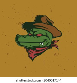 cowboy crocodile head cartoon mascot logo, this image is suitable for esport team logos or for the adventure community in the wild and the skateboard or extreme sports community