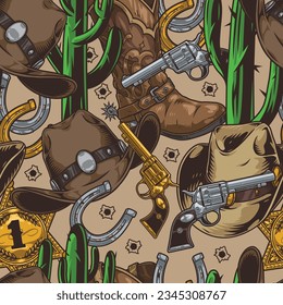 Cowboy culture pattern seamless colorful with wild west style hats and retro revolvers near bullet holes vector illustration